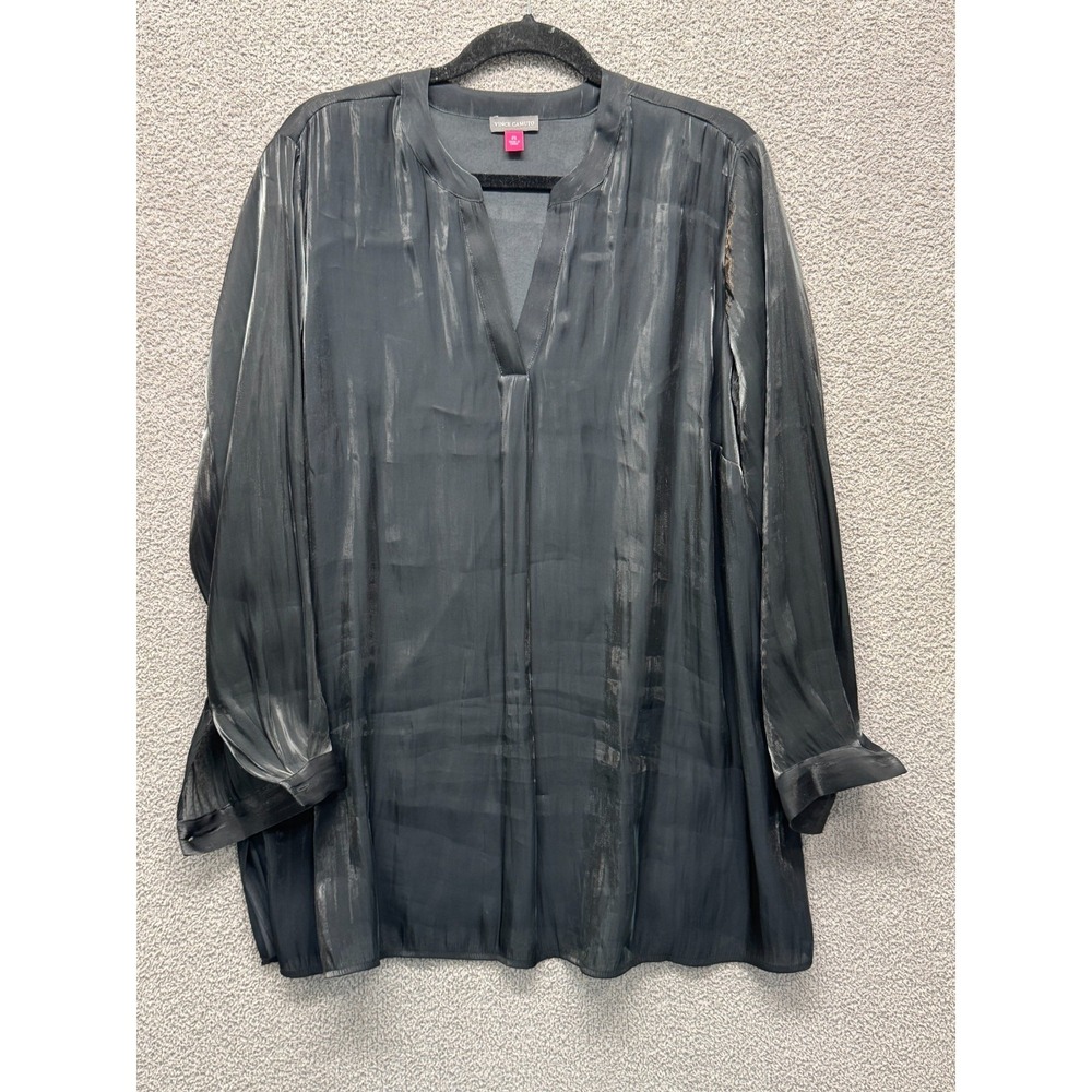 Vince Camuto 2X Silver Satin Blouse Ethereal Romantic Drape Plus NWOT Black‎